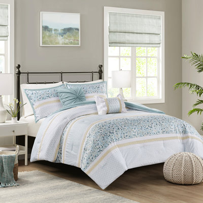 Édredon en seersucker très grand / très grand - literie à motif floral avec trois coussins décoratifs bleu jaune et blanc inclus