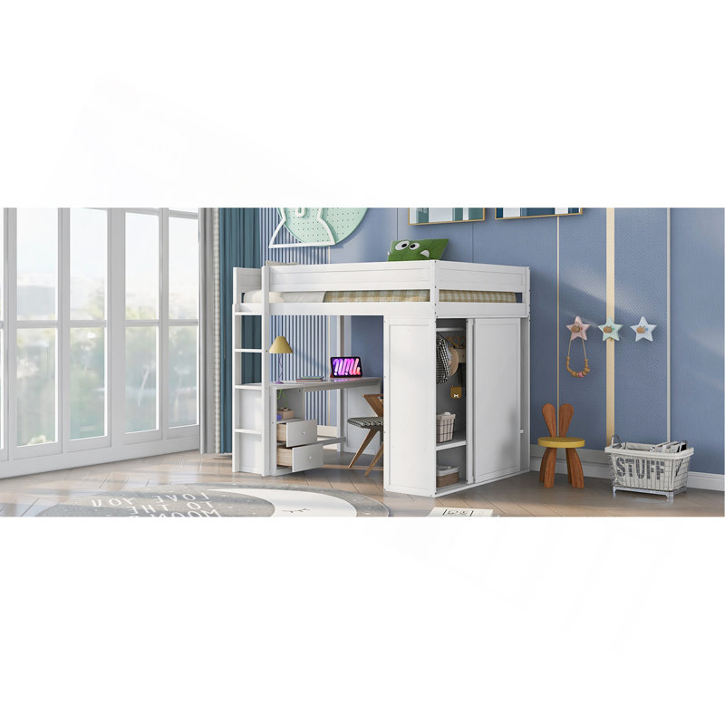 Lit mezzanine en bois avec placards et bureau à 2 tiroirs avec armoire, Lit double, Blanc