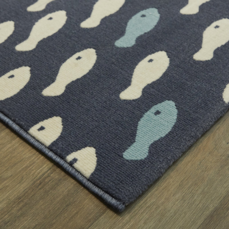 Tapis bleu marine / bleu / crème tissé à la machine Crowborough, Rectangle 5 pi 3 po x 7 pi