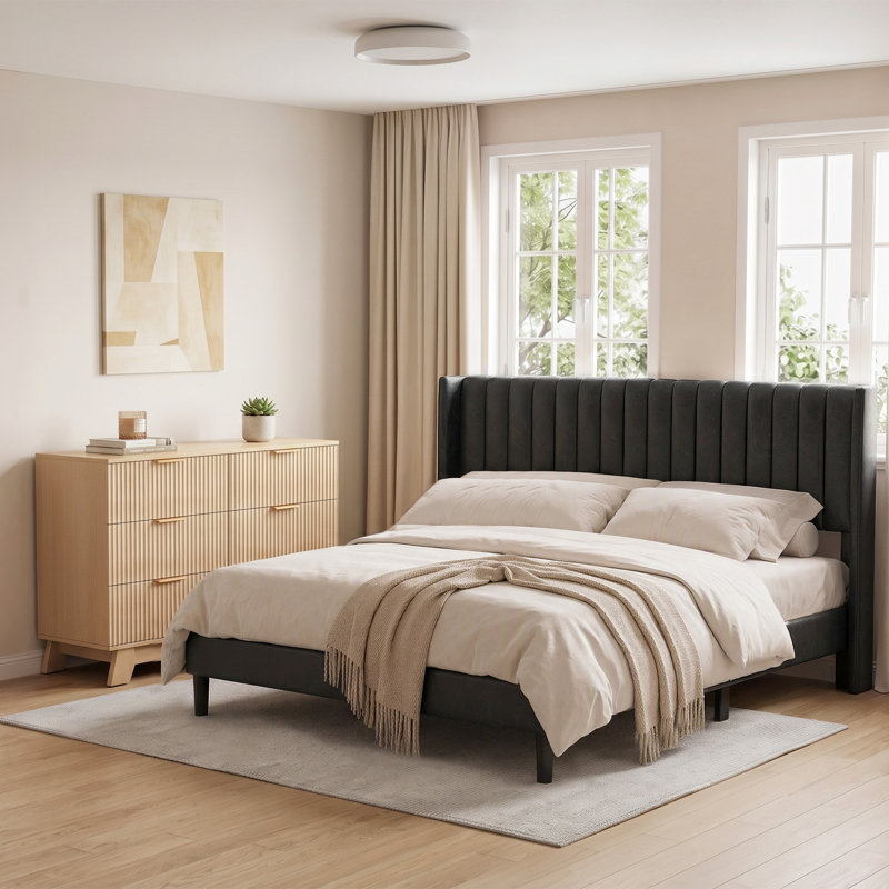 Ensemble de commode de lit moderne en bois, finition naturelle, support de lattes robuste, Black/Natural, Queen, 9
