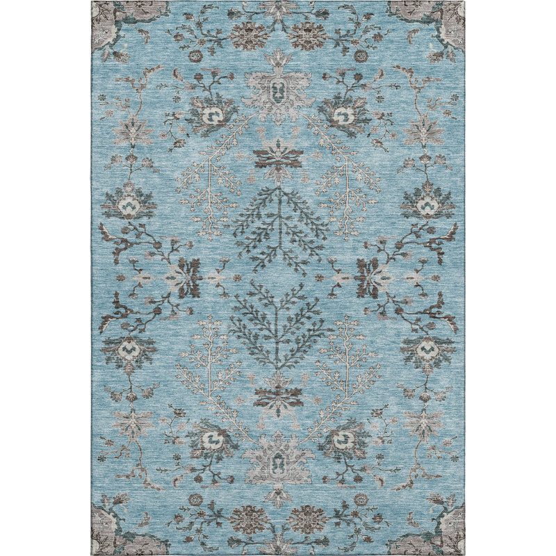 Premium Machine Washable Gurubaksh AMF1156 Floral Rug, Rectangle 5' x 7'6"