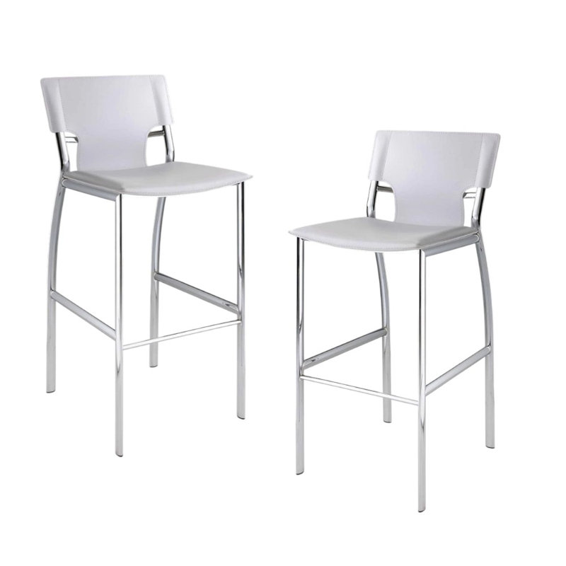 Ensemble de deux chaises de bar en similicuir et métal à dossier bas de 25 po blanc et argent