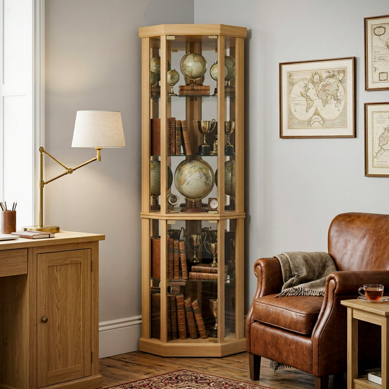 American Classical Lighted Corner Curio Cabinet - Glass Doors, Adjustable Shelves, 150LBS, Tan