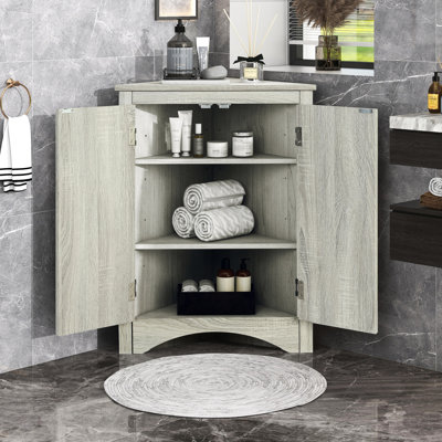 Armoire de rangement en chêne, tablettes réglables, armoire de rangement à portes fermées pour articles de toilette avec différents espaces appropriés, facile à assembler, nickel brossé