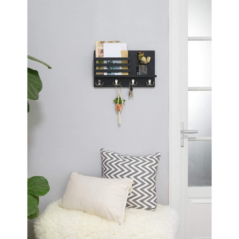 Porte-courrier mural en bois avec porte-clés et porte-clés avec 4 crochets à clés doubles et une tablette flottante