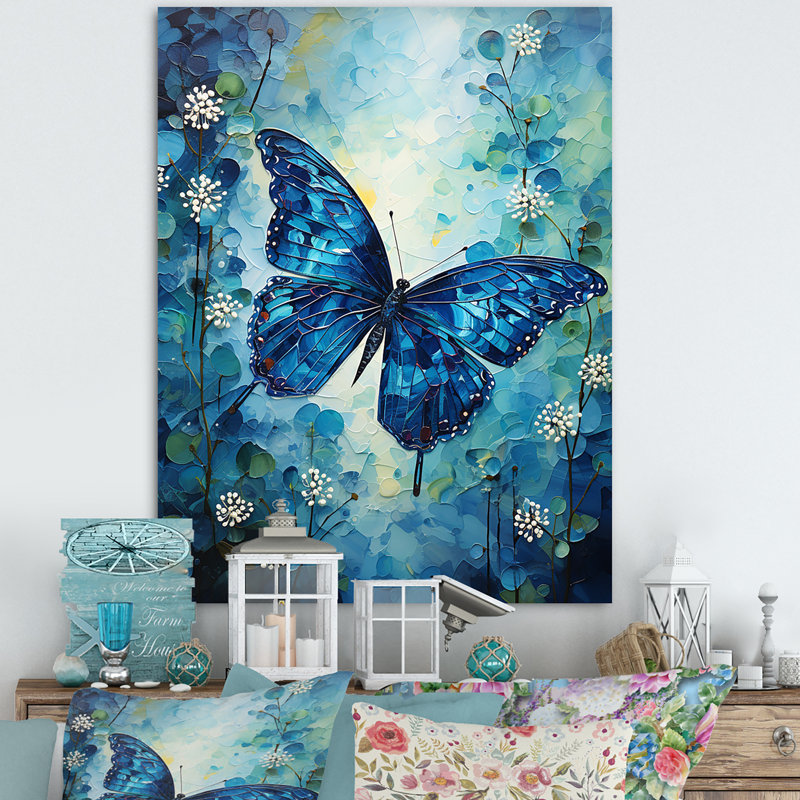 Papillon, saphir flottant - impression d'art mural papillon, H 20 po x l 12 po x P 1 po, Toile tendue