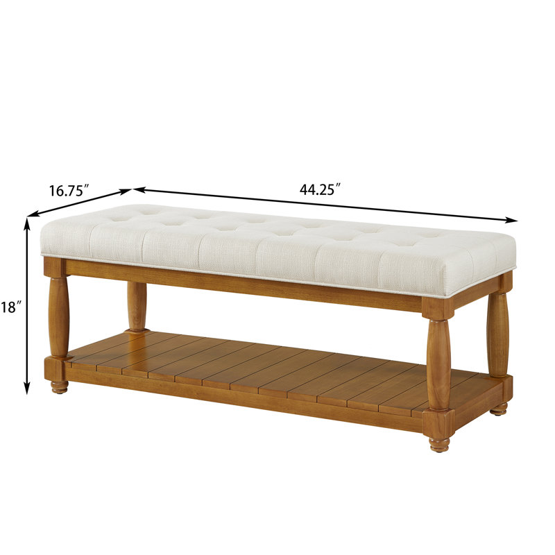 Banc rembourré en lin avec tablette de rangement - Banc repose-pieds capitonné pour le vestibule de la chambre à coucher, pieds en bois massif, ivoire