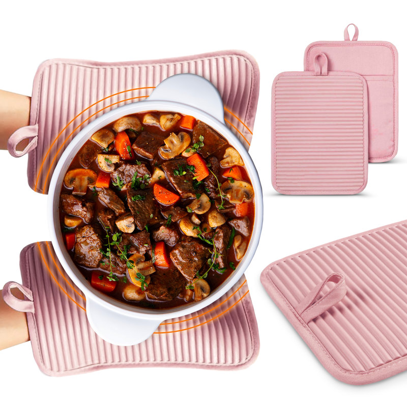 Porte-casseroles en silicone Cheer Collection, paquet de 2 poignées nervurées et doublure en coton, Rose