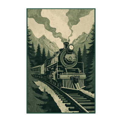Machine Washable Vehicles And Transportation Mountain Railway Train Rustic Rug in Green – Green Binding
