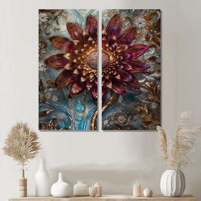 Mystérieuse fleur de dahlia rétro sur turquoise - art mural traditionnel
