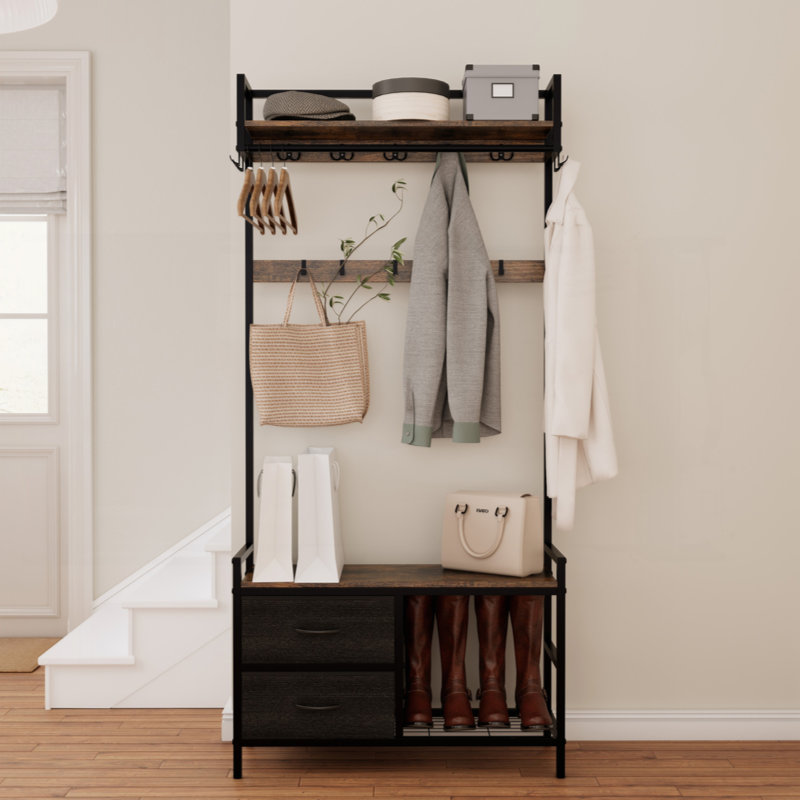 33.1" Wide Hall Tree With 2 Movable Drawers, Shoe Storage, Shelves And Garment Racks, 5-In-1 Entryway Bench With 14 Hooks (Fixed And Movable)
