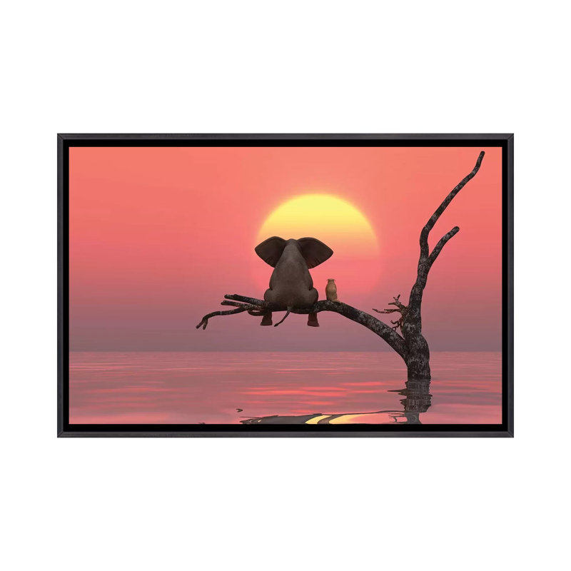 Éléphant et chien assis sur un arbre au coucher du soleil rouge par Mike Kyiv - reproduction d'art, Pas de tapis