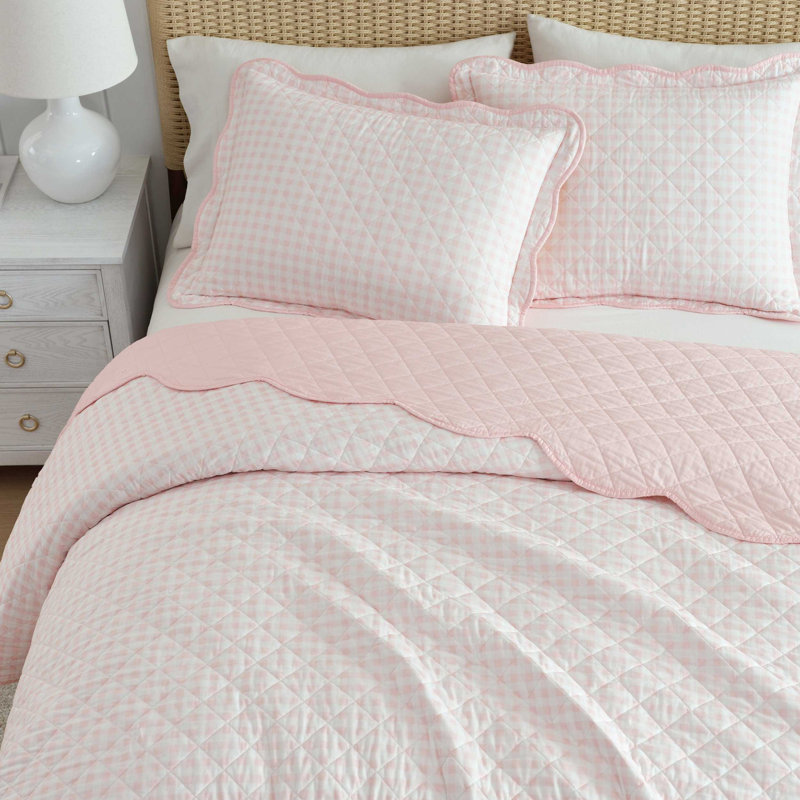 Martha Stewart Olivia Gingham Cotton Reversible Pink Quilt Set, Twin Quilt + 1 Standard Sham, Pink