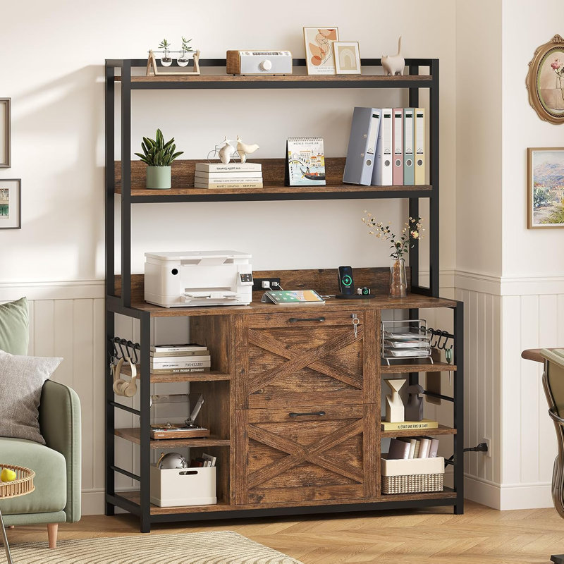 Classeur avec station de charge, classeur vertical avec serrure pour bureau personnel, Brun rustique