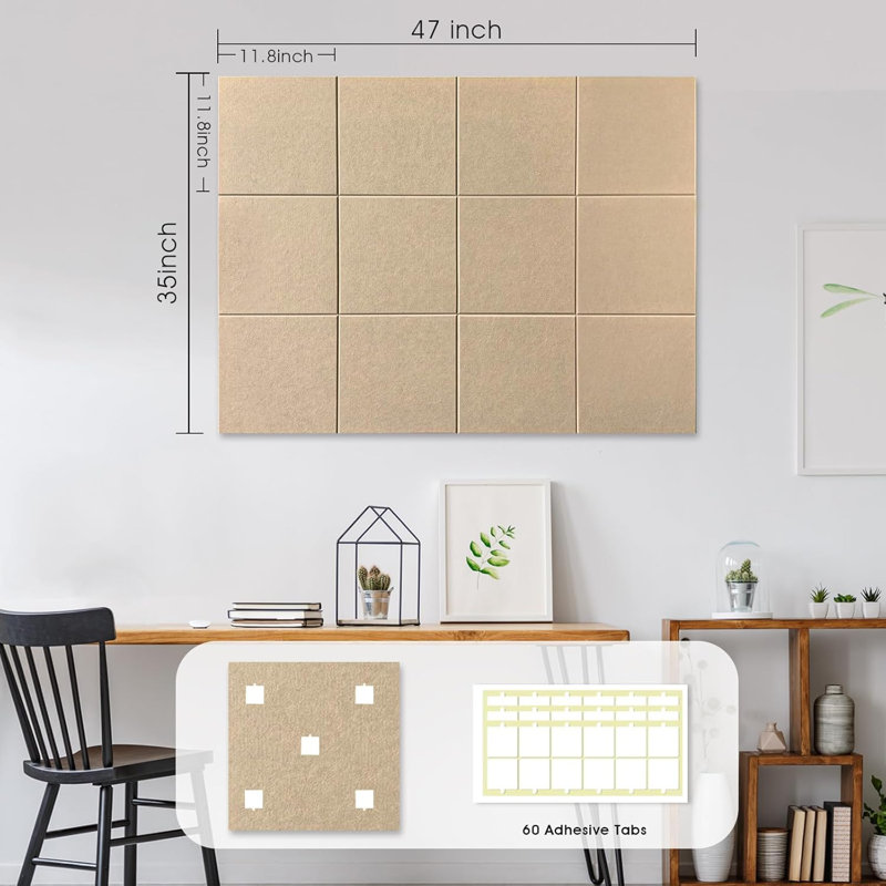 Grand panneau de liège pour décoration murale de bureau, paquet de 48 po x 36 po - 12 tuiles murales en feutre avec languettes adhésives amovibles sécuritaires