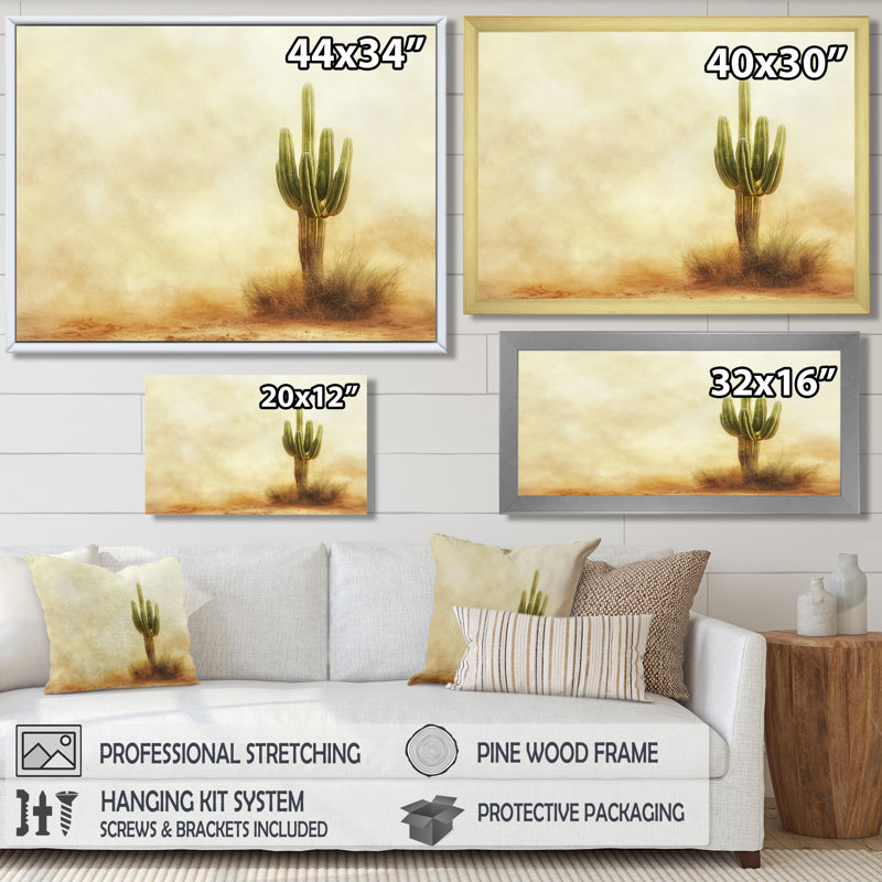 Cactus tempête de sable I - art mural cactus, Cadre simple, Noir, H 12 po x l 20 po