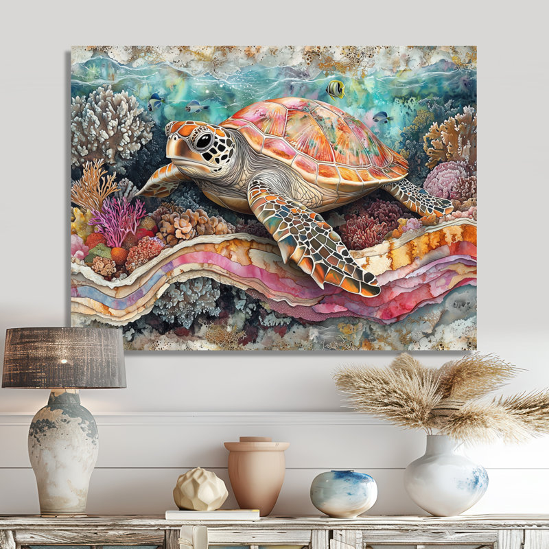 Aquarium, tortue, corail, sanctuaire III - reproduction de tortue sur métal, H 12 po x l 20 po