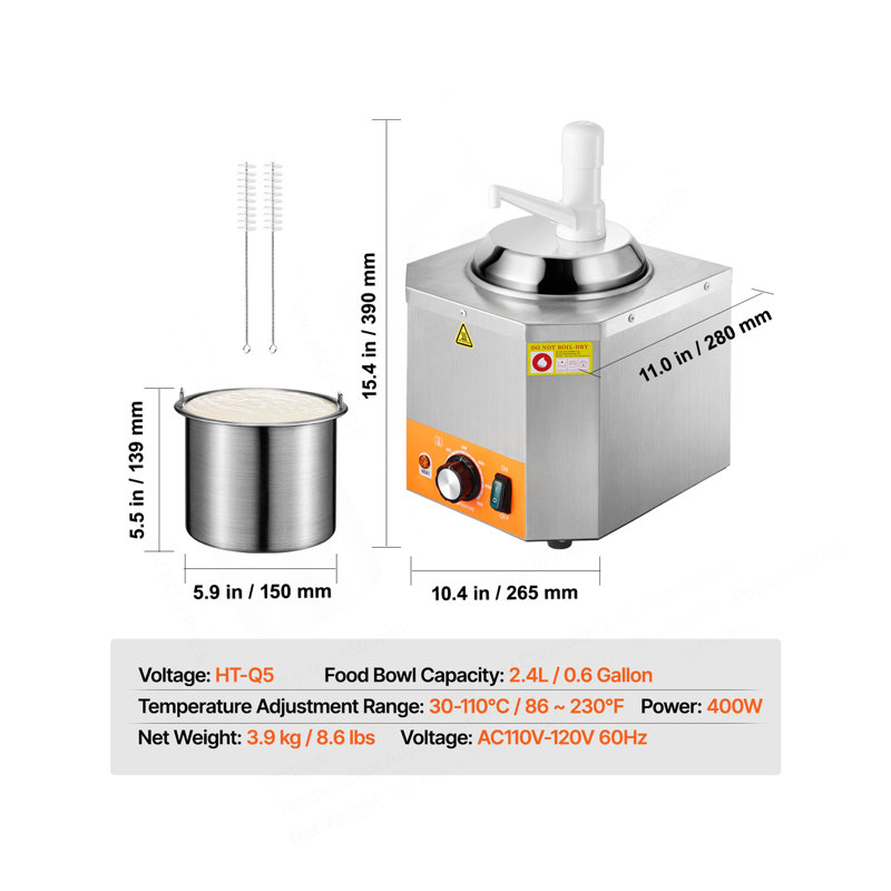 Distributeur de fromage électrique 2,4 L avec chauffe-fudge commercial à pompe 86 ℉ - 230 ℉