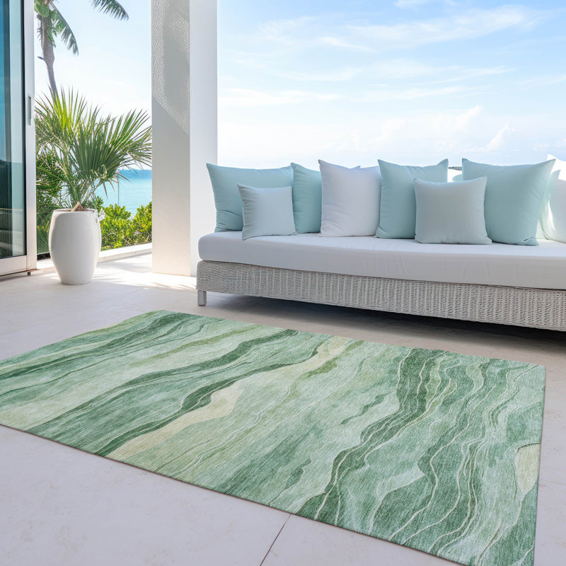 Green Striped Synthetic Washable Indoor/Outdoor Rug 46" x 30"