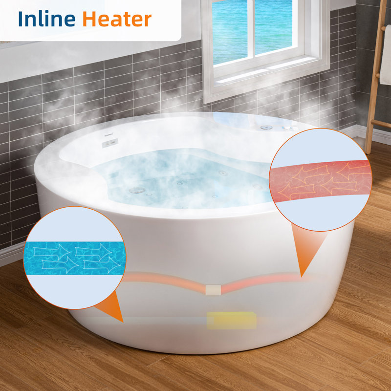 59" Whirlpool Water Jetted & Air Bubble Round Double Heated Bathtub With Integrated Seat, LED Panel