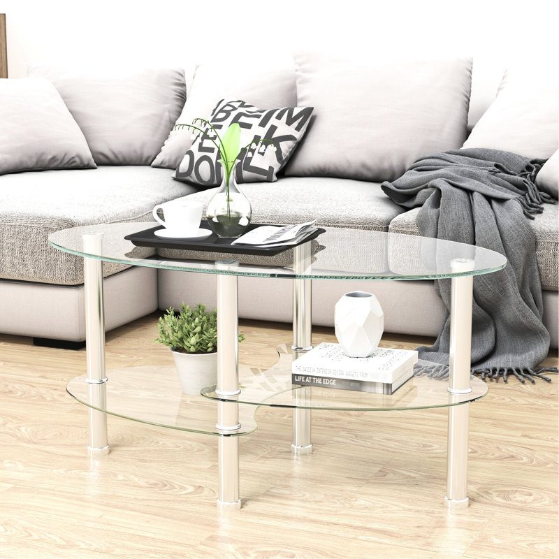 Table basse ovale avec rangement Xamiera, Transparent, Naturel