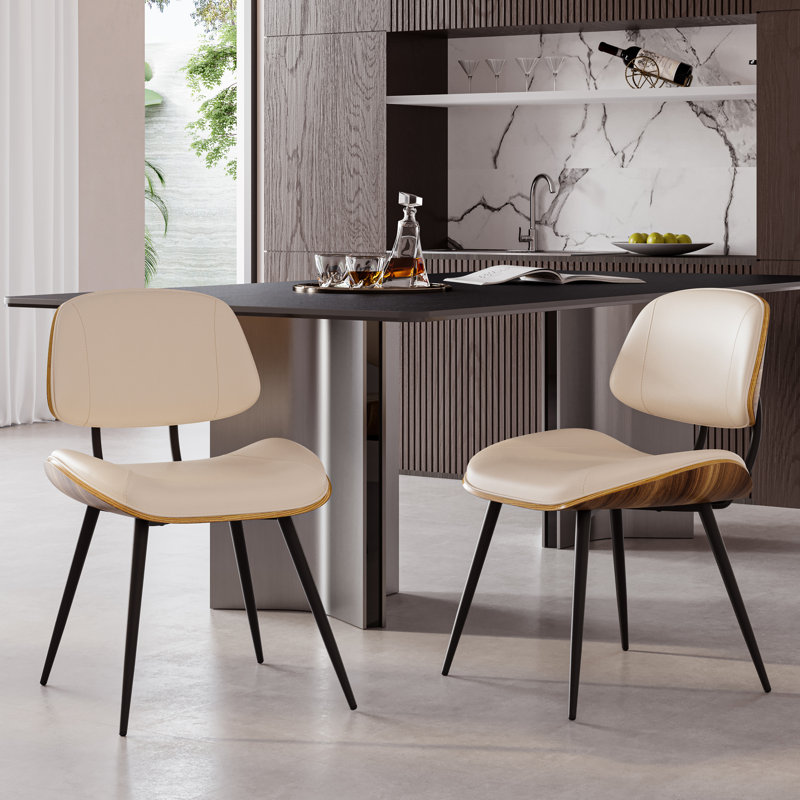 Mid Century Faux Leather Dining Chairs with Backrest, Beige