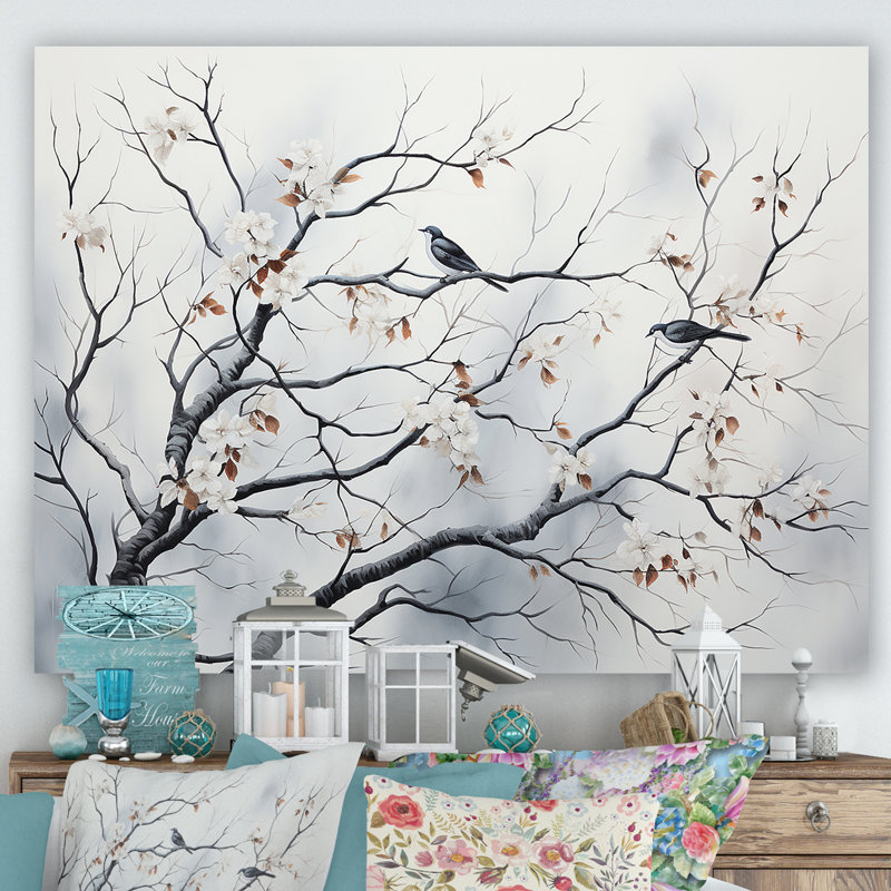 «Grey floral printanier», reproduction d'art sur toile encadrée, Toile tendue, H 12 po x l 20 po x P 1 po