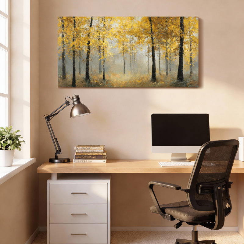Ensemble de 1 tableau sur toile tendue représentant un paysage de forêt d'automne, H 12 po x l 36 po