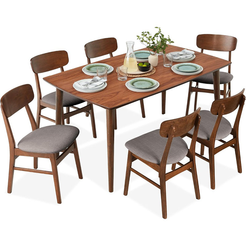 Ensemble de table de salle à manger 7 pièces en bois de style Mid-Century moderne avec 6 chaises et coussins rembourrés