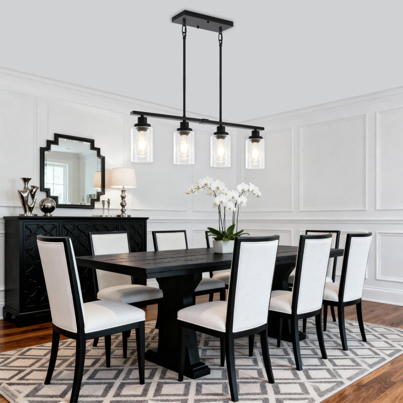 Luminaire suspendu linéaire à 4 lumières avec abat-jour en verre transparent, Quatre lumières, Matte Black