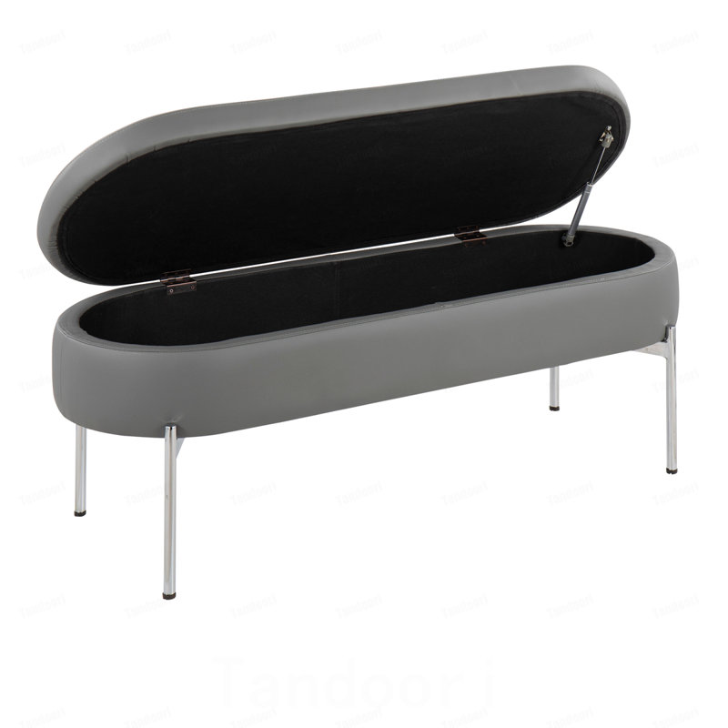 Banc de rangement contemporain en métal chromé et similicuir, Gris
