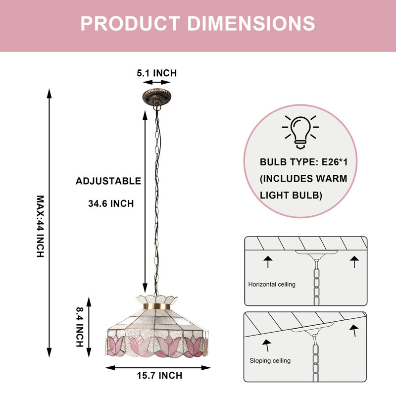 1-Light Pink Tiffany Stained Glass Pendant Light