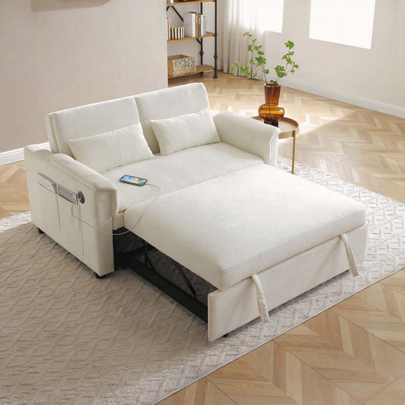 Canapé-lit à deux places en velours 55 po, dossier réglable avec ports USB, deux poches latérales, Beige