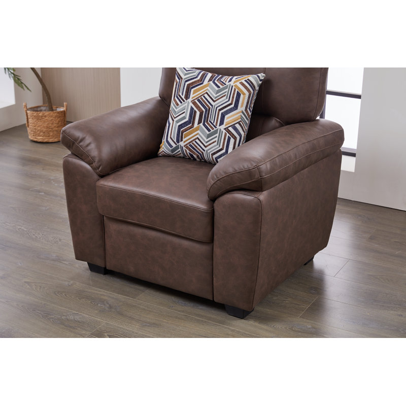 Chaise d'appoint moderne en similicuir beige avec coussin décoratif, coussins moelleux et accoudoirs coussinés, Brown