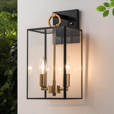 2-light Black+brass Outdoor Wall Lantern With E12 Base Socket And Clear Tempered Glass Shade