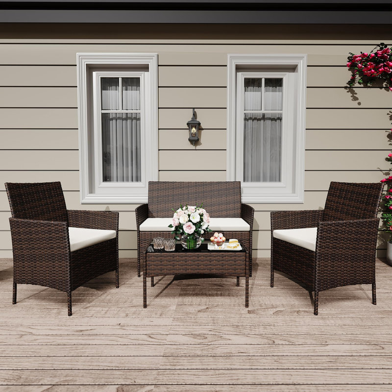 Required 4-Piece Outdoor Bar Set, PE Rattan Conversation Set with Cushioned Loveseat, Chairs & Glass Table, Brown, Beige