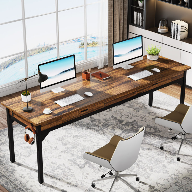 Stefnie 78.7" Extra Long Computer Desk, Writing Desk with 2 Drawers, Rustic Brown/Black