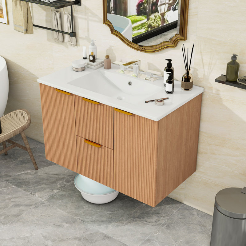 Meuble-lavabo mural avec lavabo, tiroirs et portes divisés