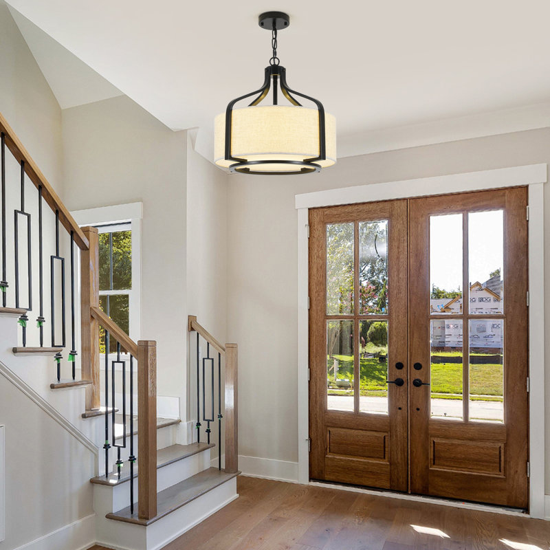 Lustre tambour 4 lumières de style campagne moderne 18 "avec abat-jour en lin beige pour îlot de cuisine