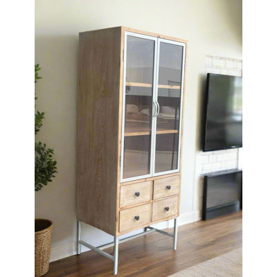 Alina Light Brown and Gray Glass Tall Accent Cabinet with 2 Doors and 4 Drawers – Vintage Modern Display Storage by Latitude Run