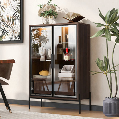 Vitrine autoportante de 51,2 po, garde-manger avec 2 tiroirs de rangement et portes en verre, vitrine avec tablettes réglables à 4 niveaux et éclairage DEL, pour le salon, la cuisine, le bureau - noyer