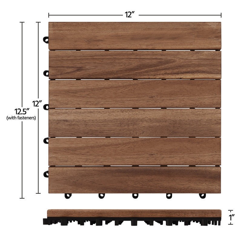 Acacia Natural Wood Interlocking Deck Tiles for Indoor and Outdoor, Brown