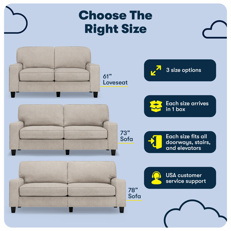 Serta Palisades 73" Track Arm Sofa, Easy Care Fabric, Soft Pillow Back, Pocket Coil Seat Cushions, Light Gray Polyester
