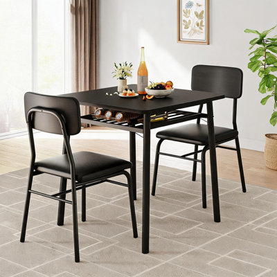 Table de salle à manger pour 2 personnes avec support de rangement, petite table de cuisine pour 2 personnes avec structure en métal, table carrée avec chaises rembourrées, ensemble de 2, ensemble de salle à manger 3 pièces pour petit espace, appartement, noir