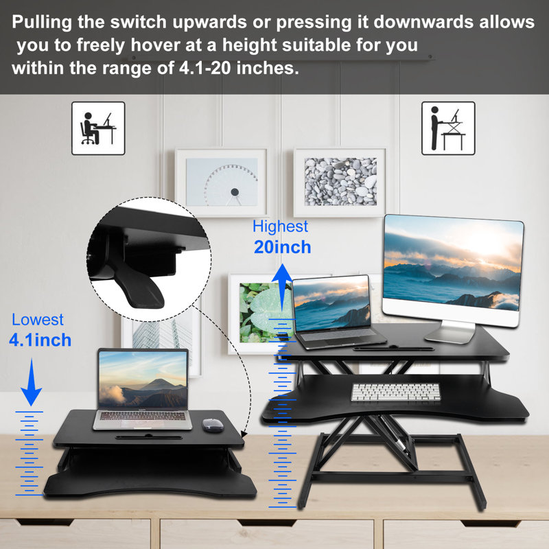 32'' Black Height Adjustable Standing Desk Converter with Keyboard Tray