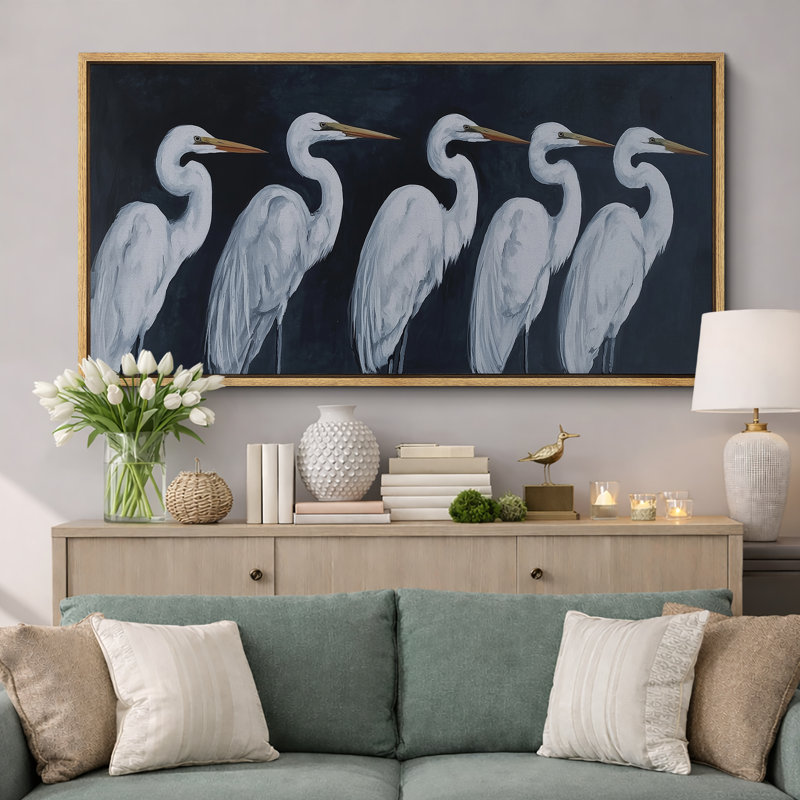 «White Heron Birds», impression sur toile encadrée, Naturel, H 30 po x l 60 po x P 1,5 po