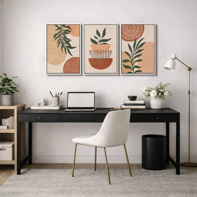 Mid Century Modern Boho Geometric Polygon Palm Leaf - 3 Piece Floater Frame Graphic Art Set on Canvas