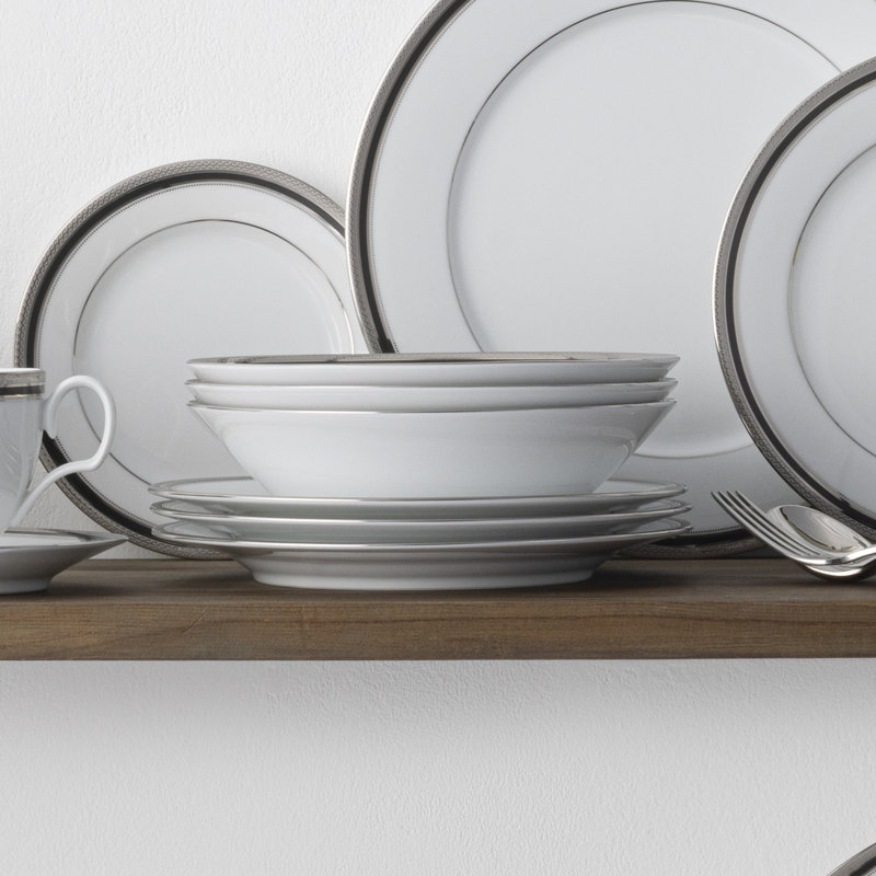 Austin Platinum 12-Piece White Porcelain Dinnerware Set with Metal Accents