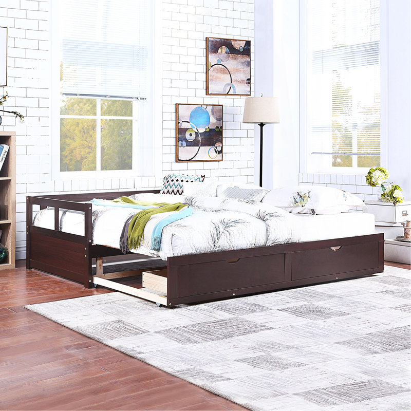 Wooden Daybed With Trundle Bed And Two Storage Drawers , Extendable Bed Daybed,Sofa Bed For Bedroom Living Room,Espresso