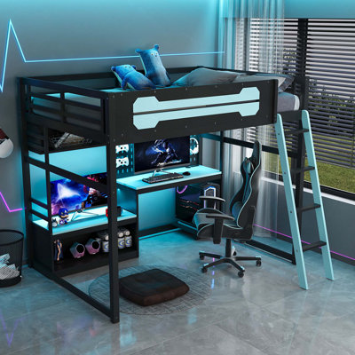 Lit mezzanine double en bois avec bureau, tablettes, lumières DEL, ports USB et panneau perforé